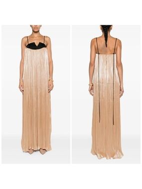 V:PM Atelier Plissé Metallic Gown Gold Beige Black Bodice Evening Dress Size 36​